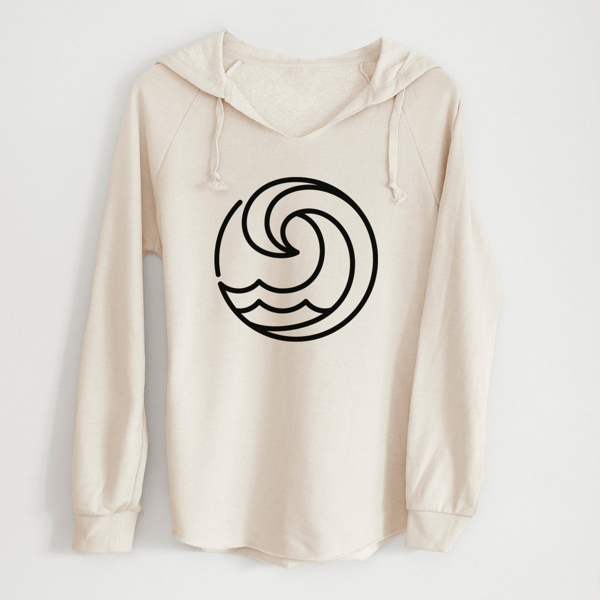 Bone cream women's Cali Wave hooded sweatshirt laid flat, printed with a bold black line art circle of a curling ocean wave.