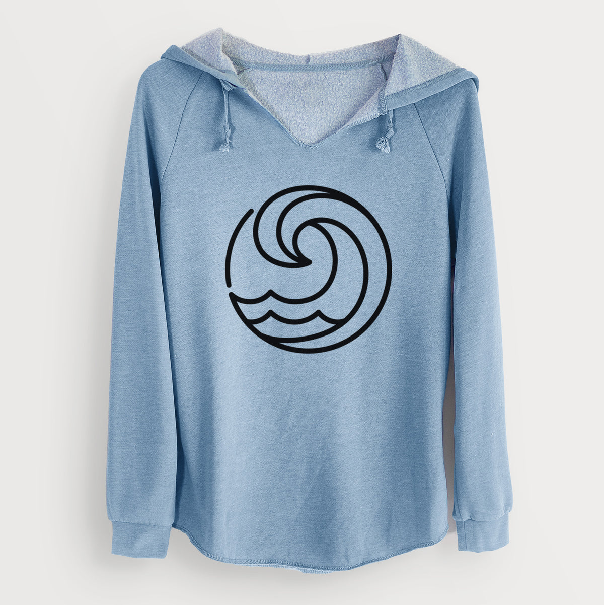 Misty blue women's Cali Wave hooded sweatshirt laid flat, printed with a bold black line art circle of a curling ocean wave.