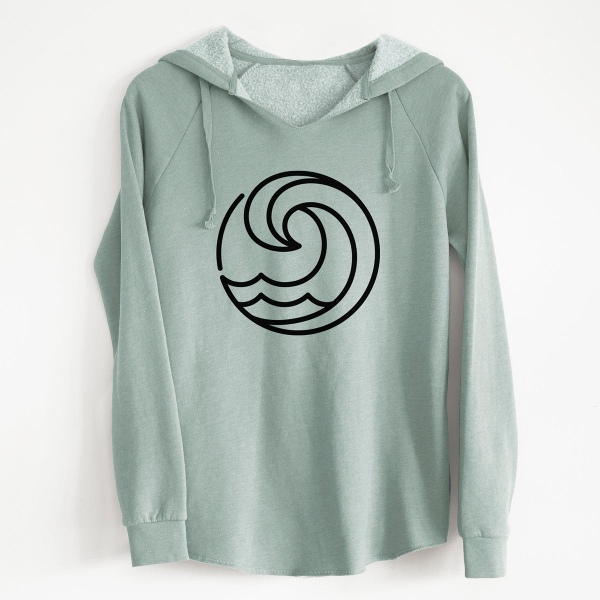 Sage green women's Cali Wave hooded sweatshirt laid flat, printed with a bold black line art circle of a curling ocean wave.