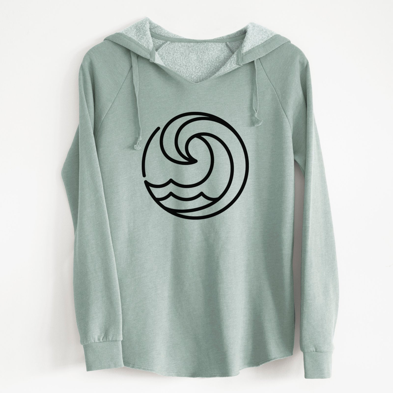 Sage green women's Cali Wave hooded sweatshirt laid flat, printed with a bold black line art circle of a curling ocean wave.