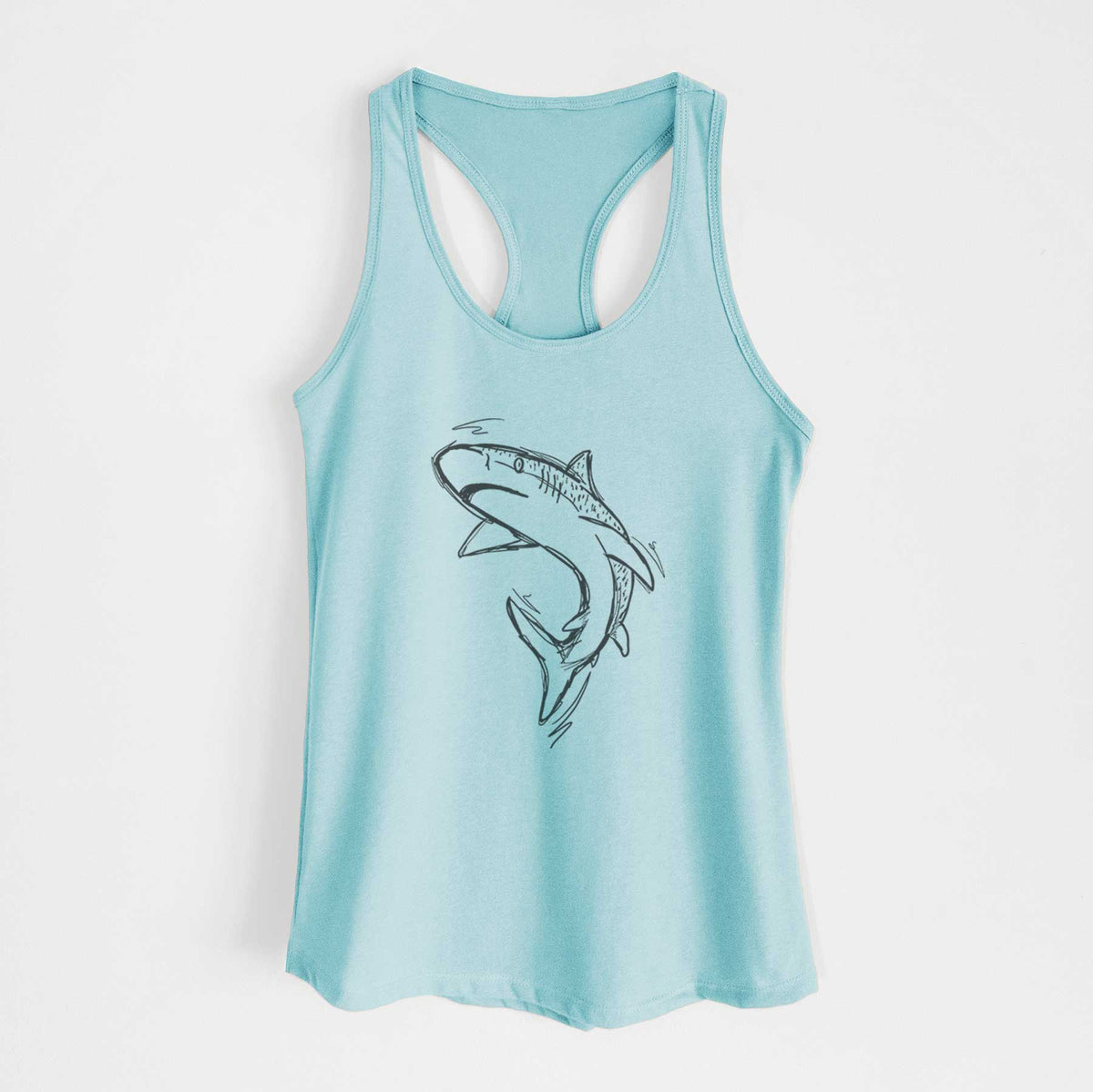 Cancun blue women's racerback tank top laid flat, printed with a black ink illustration of a tiger shark swimming in a curve.