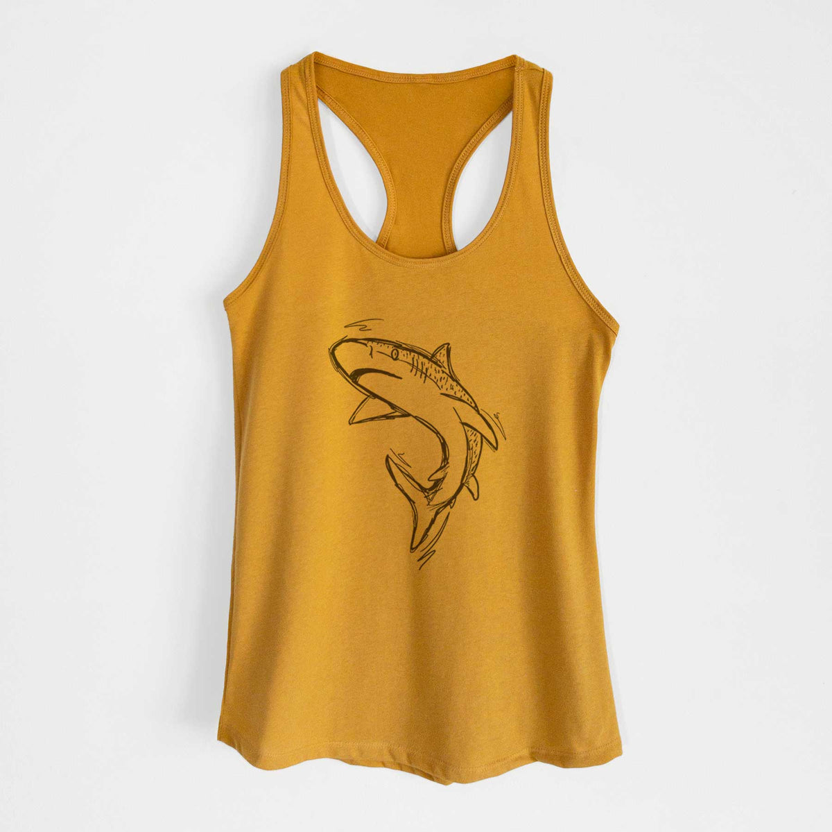 Gold women's racerback tank top laid flat, printed with a black ink illustration of a tiger shark swimming in a curve.