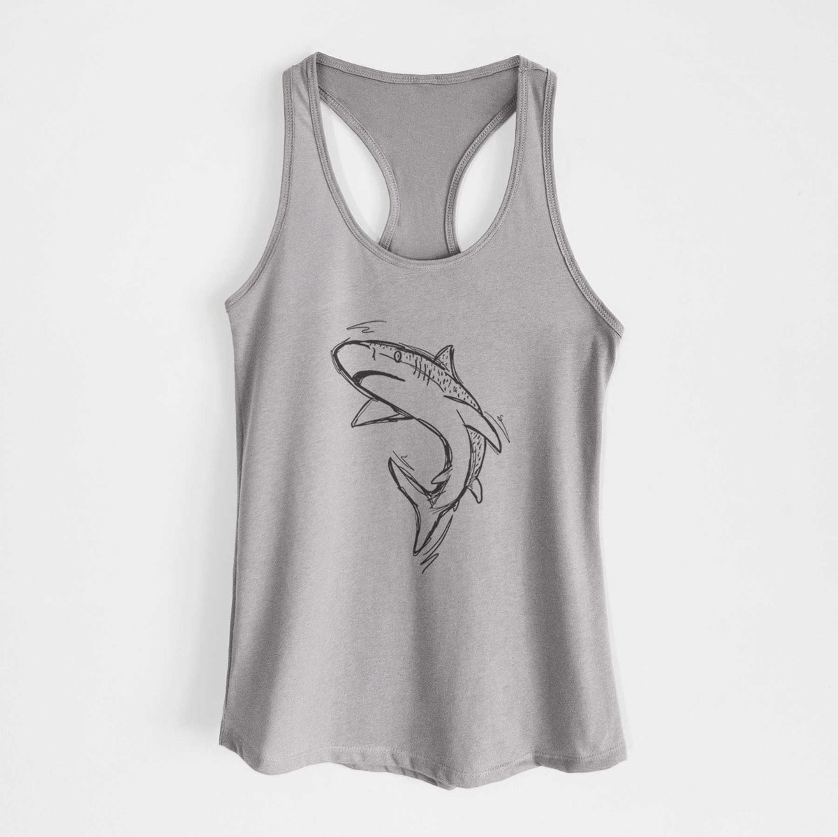 Heather grey women's racerback tank top laid flat, printed with a black ink illustration of a tiger shark swimming in a curve.
