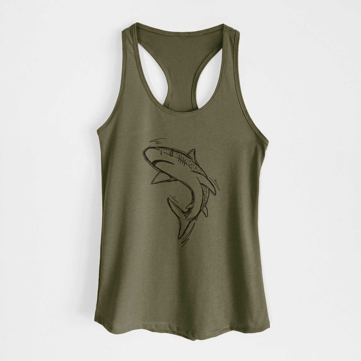 Military green women's racerback tank top laid flat, printed with a black ink illustration of a tiger shark swimming in a curve.