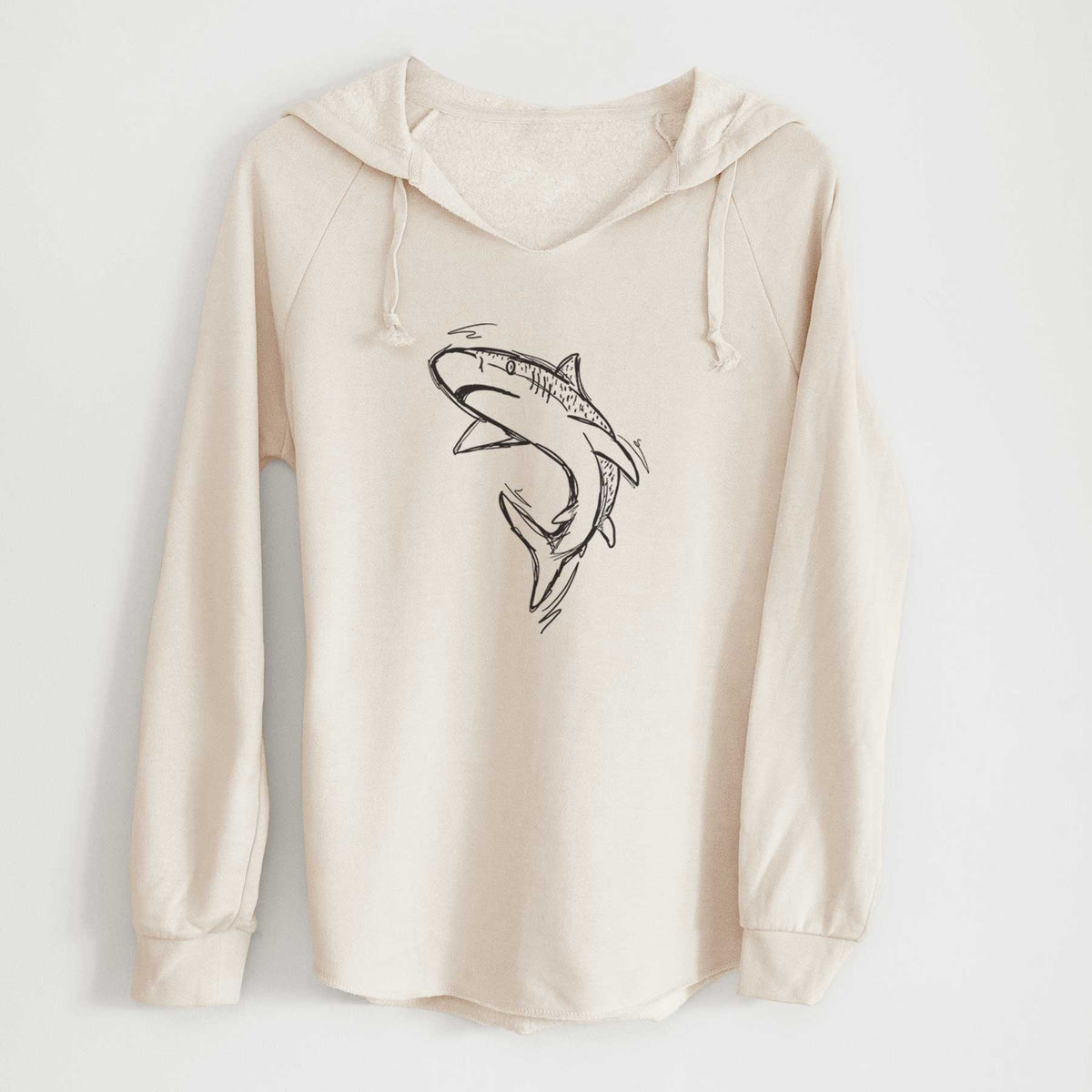 Bone cream women's Cali Wave hooded sweatshirt laid flat, printed with a black ink illustration of a tiger shark swimming in a curve.