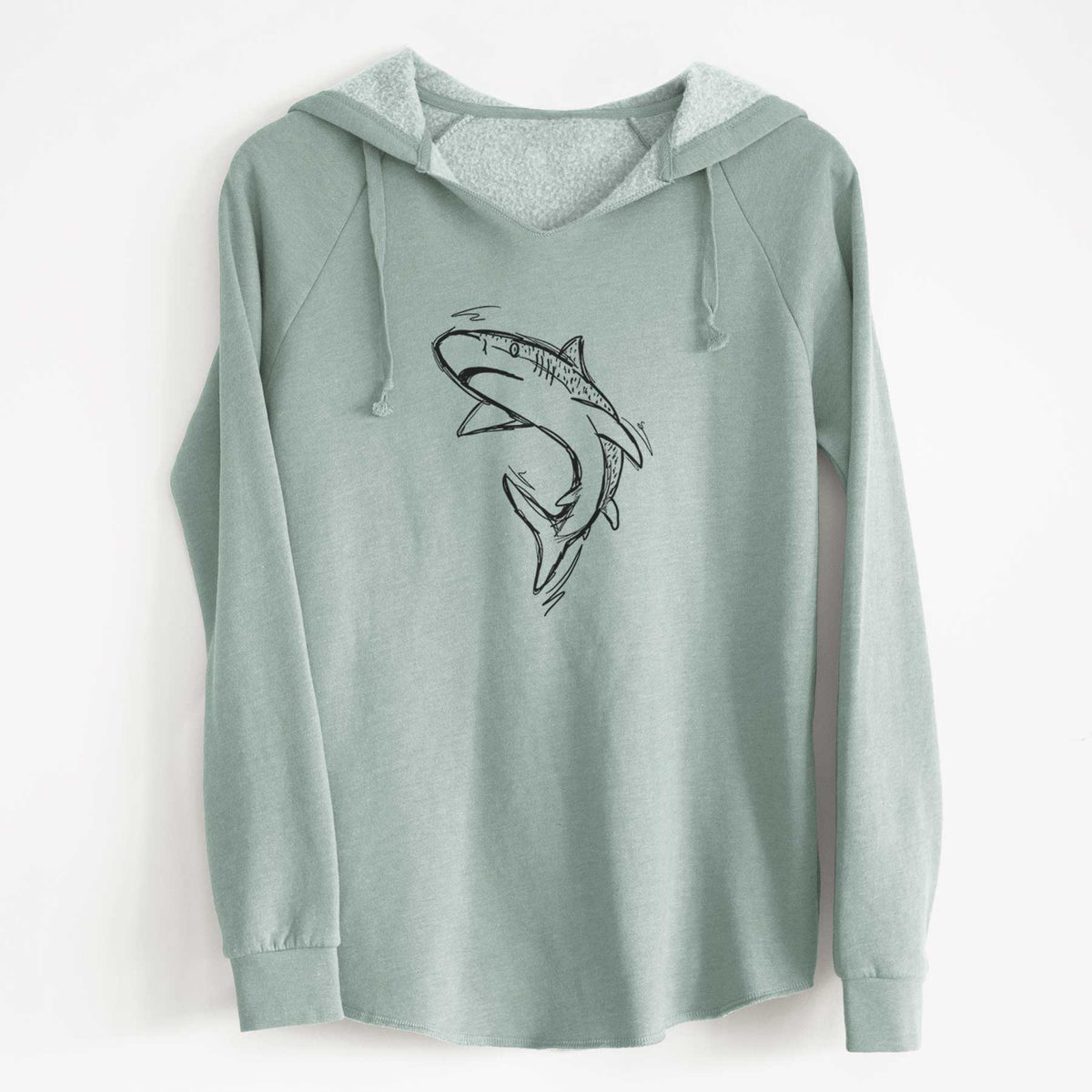 Sage green women's Cali Wave hooded sweatshirt laid flat, printed with a black ink illustration of a tiger shark swimming in a curve.