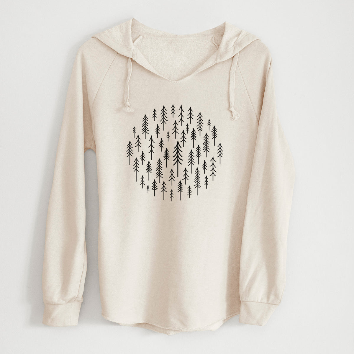 Bone cream women's Cali Wave hooded sweatshirt laid flat, printed with a circle made of small black ink pine trees.