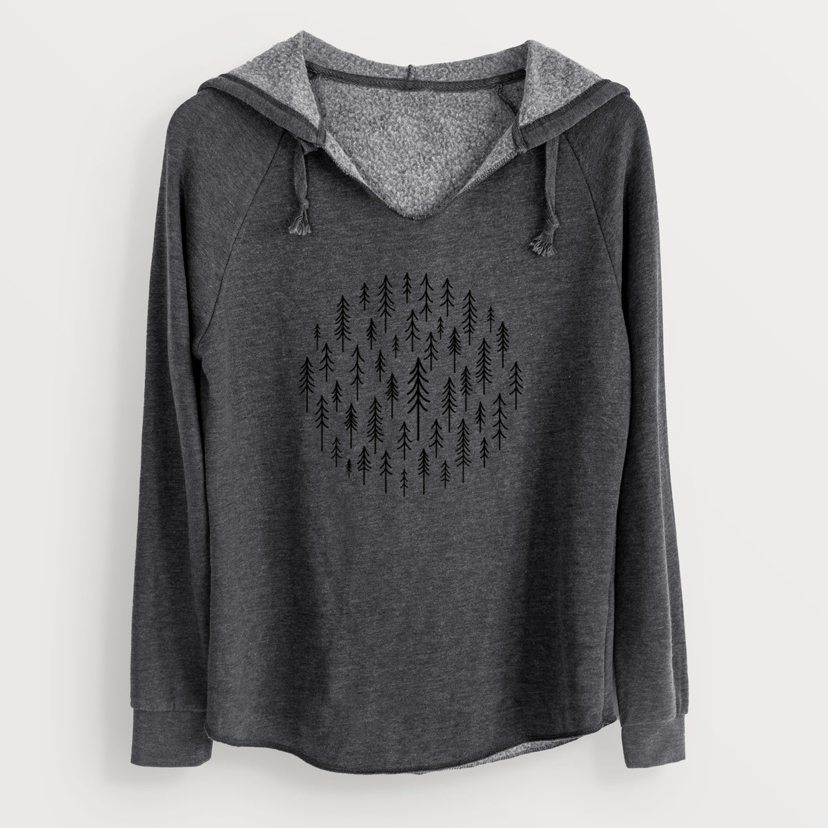 Charcoal grey women's Cali Wave hooded sweatshirt laid flat, printed with a circle made of small black ink pine trees.