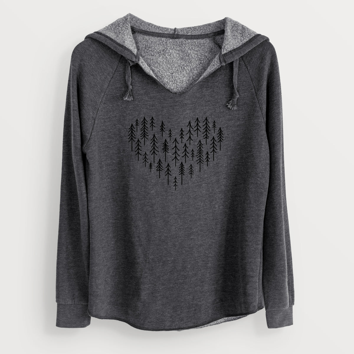 Charcoal grey women's Cali Wave hooded sweatshirt laid flat, printed with a heart shape made of small black ink pine trees.
