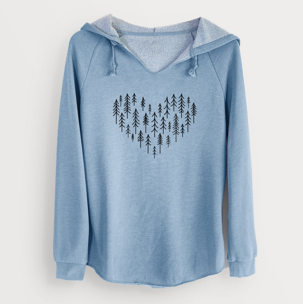 Misty blue women's Cali Wave hooded sweatshirt laid flat, printed with a heart shape made of small black ink pine trees.