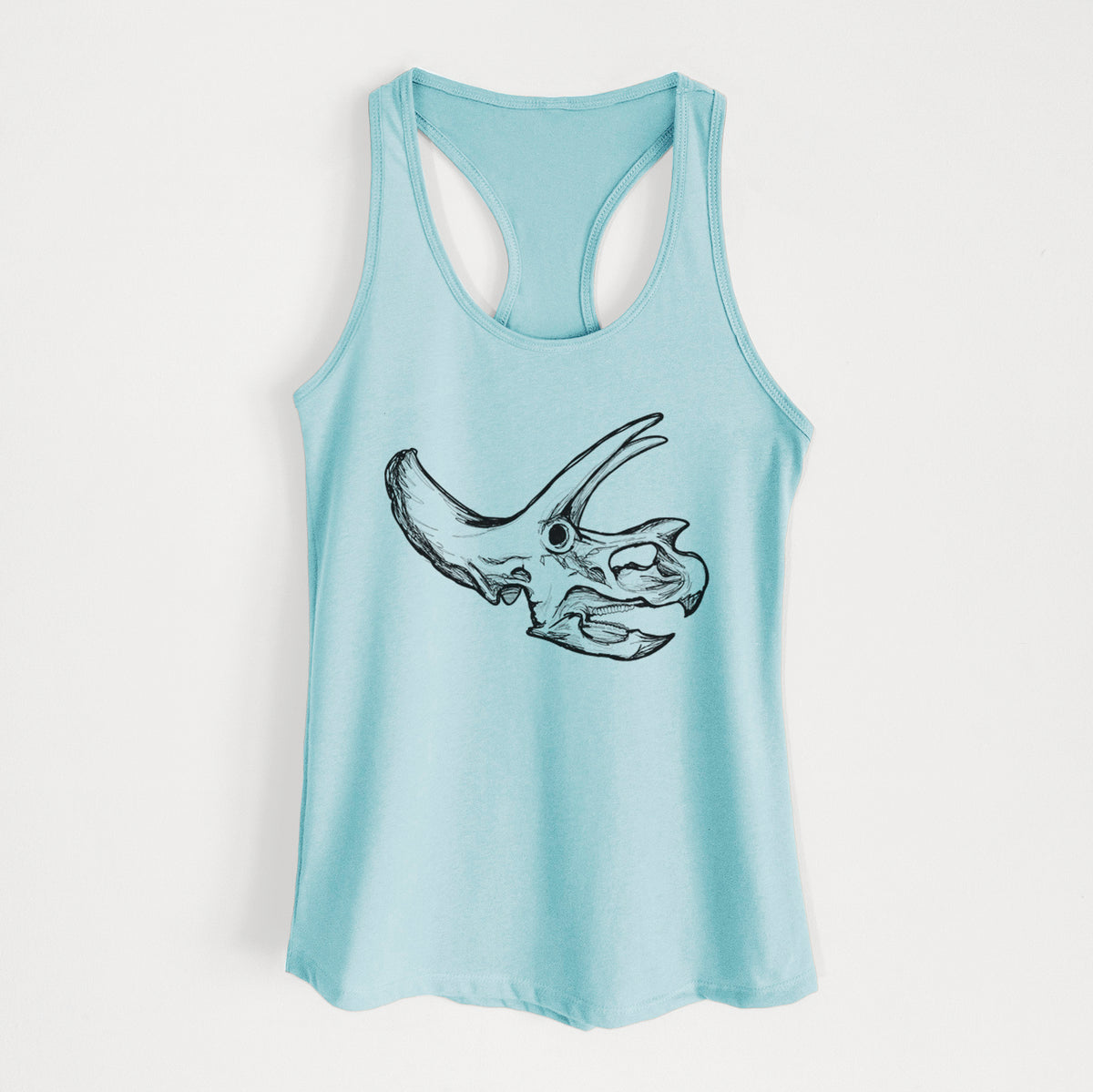 Cancun blue women's racerback tank top laid flat, printed with a detailed black ink illustration of a Triceratops skull with its horns and frill.