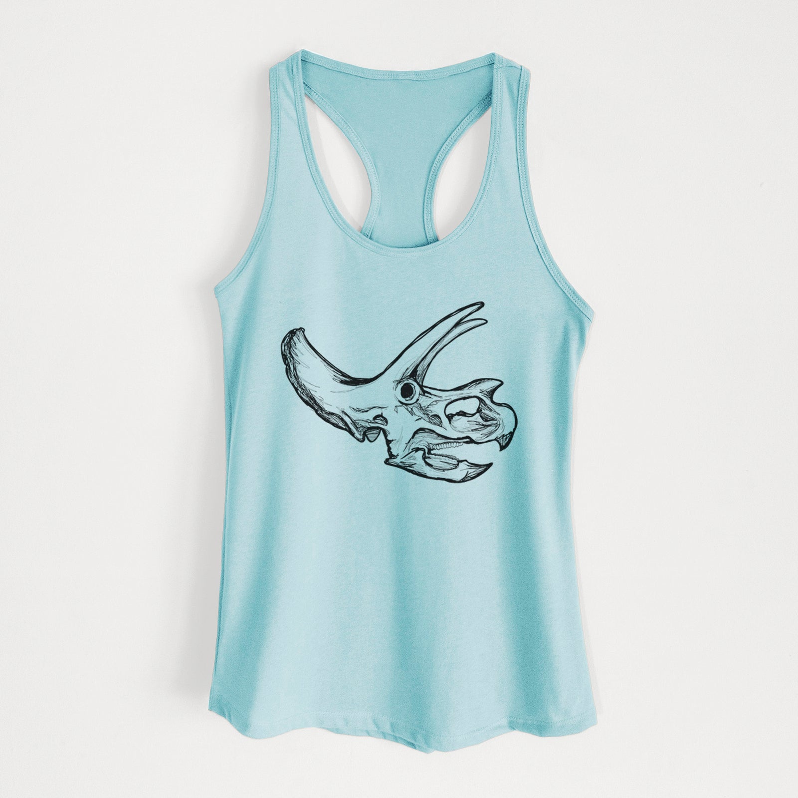 Banana cream women's racerback tank top laid flat, printed with a detailed black ink illustration of a Triceratops skull with its horns and frill.