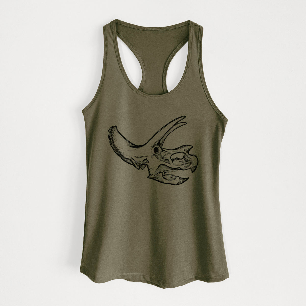 Military green women's racerback tank top laid flat, printed with a detailed black ink illustration of a Triceratops skull with its horns and frill.
