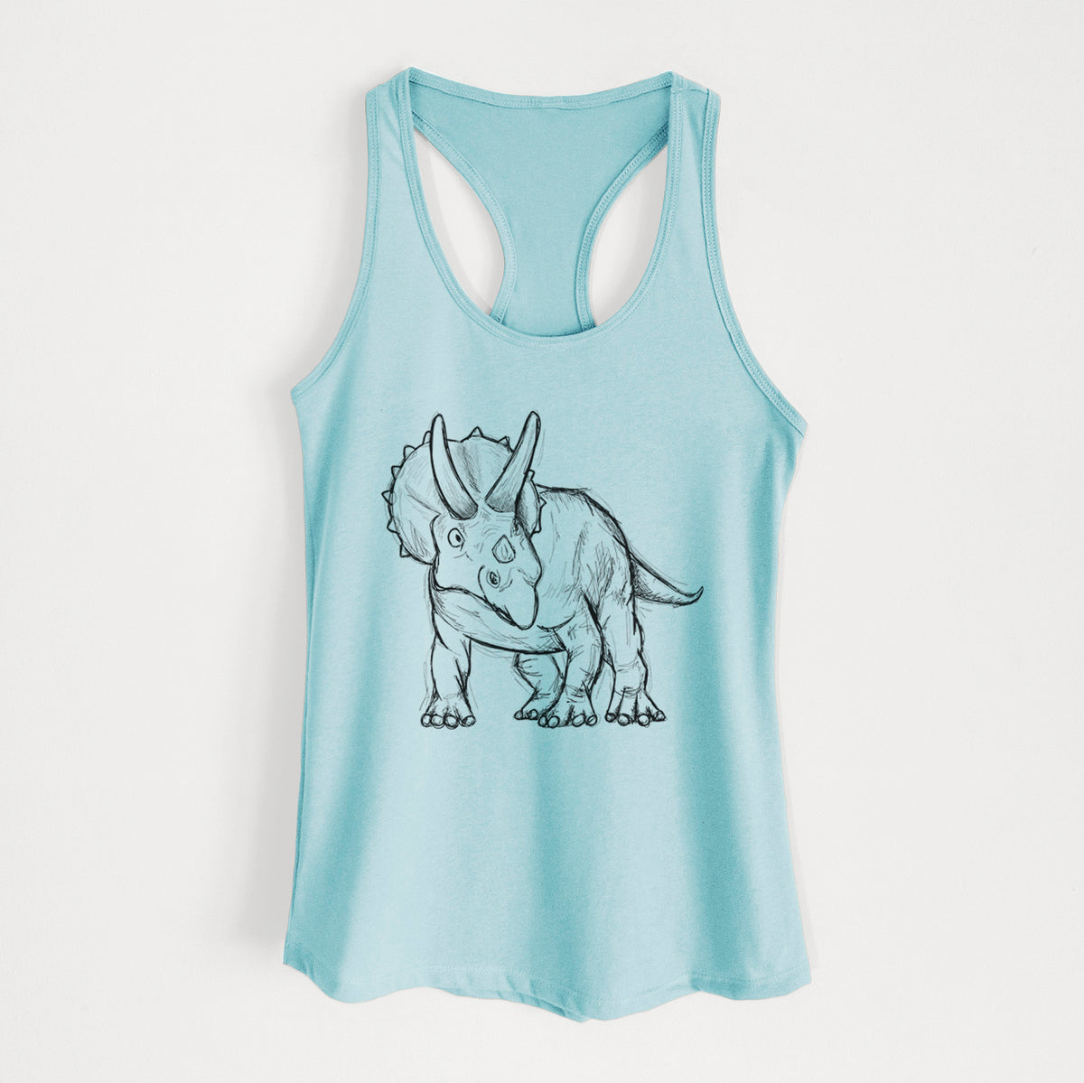 Cancun blue women's racerback tank top laid flat, printed with a black ink illustration of a Triceratops walking.