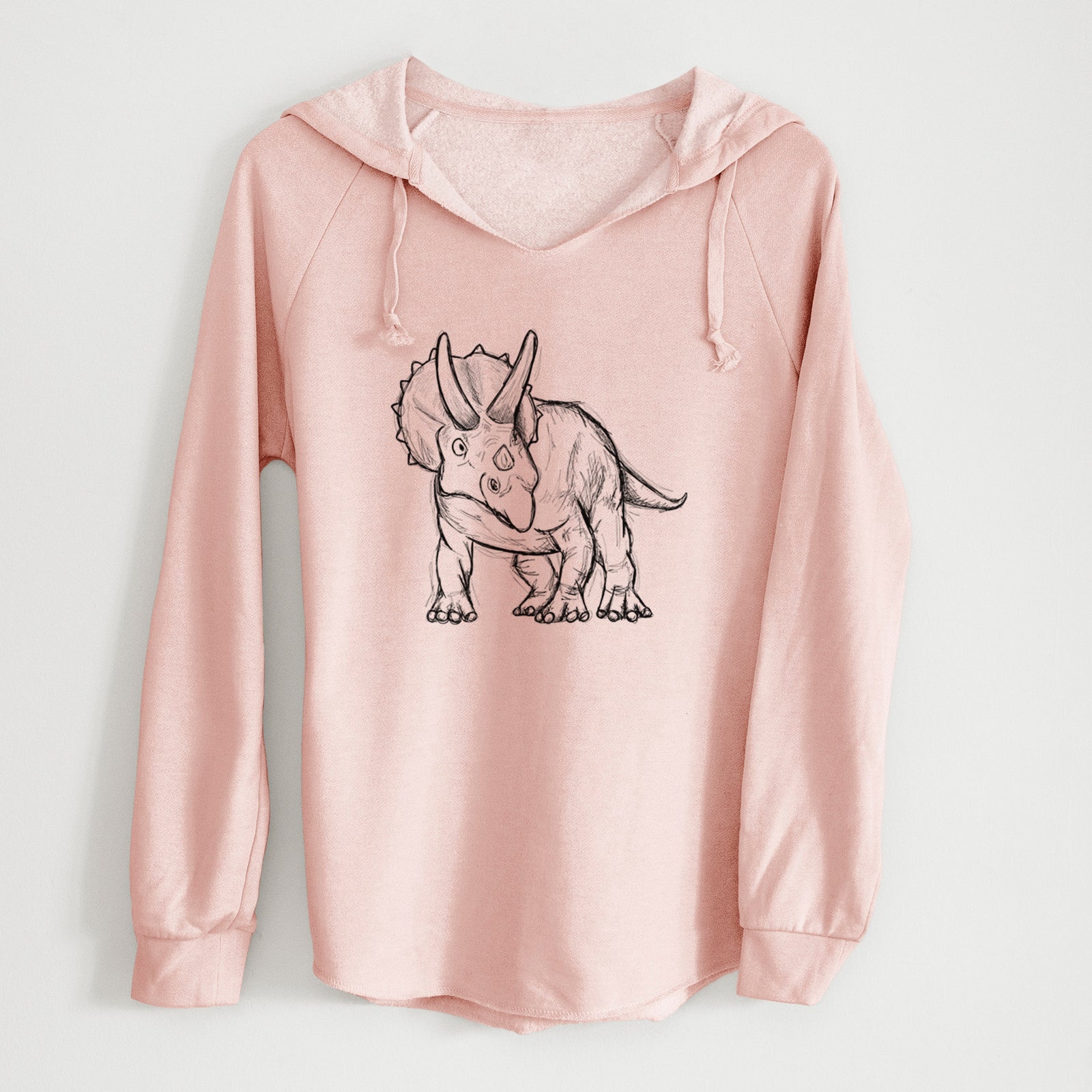 Sage green women's Cali Wave hooded sweatshirt laid flat, printed with a black ink illustration of a Triceratops walking.