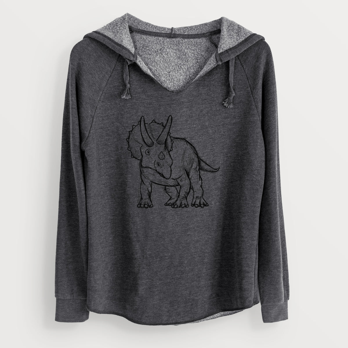 Charcoal grey women's Cali Wave hooded sweatshirt laid flat, printed with a black ink illustration of a Triceratops walking.