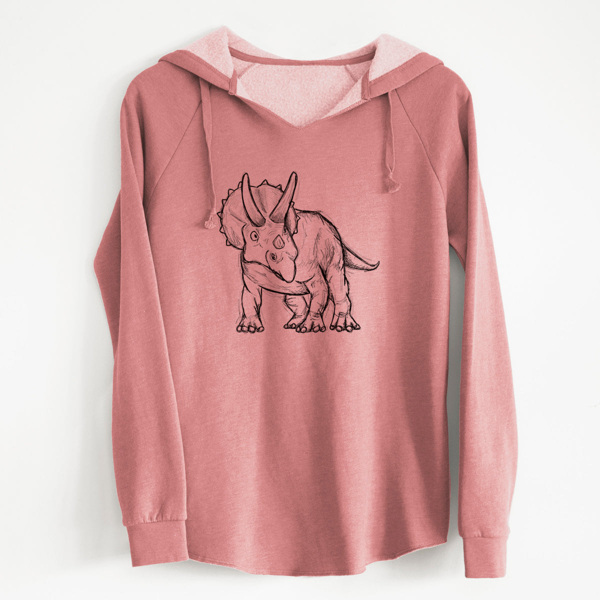 Dusty rose women's Cali Wave hooded sweatshirt laid flat, printed with a black ink illustration of a Triceratops walking.
