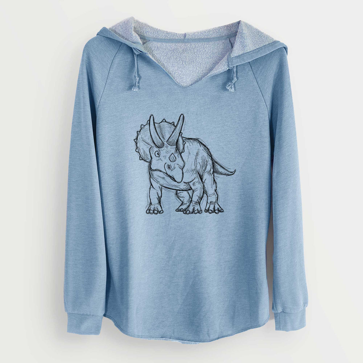 Misty blue women's Cali Wave hooded sweatshirt laid flat, printed with a black ink illustration of a Triceratops walking.