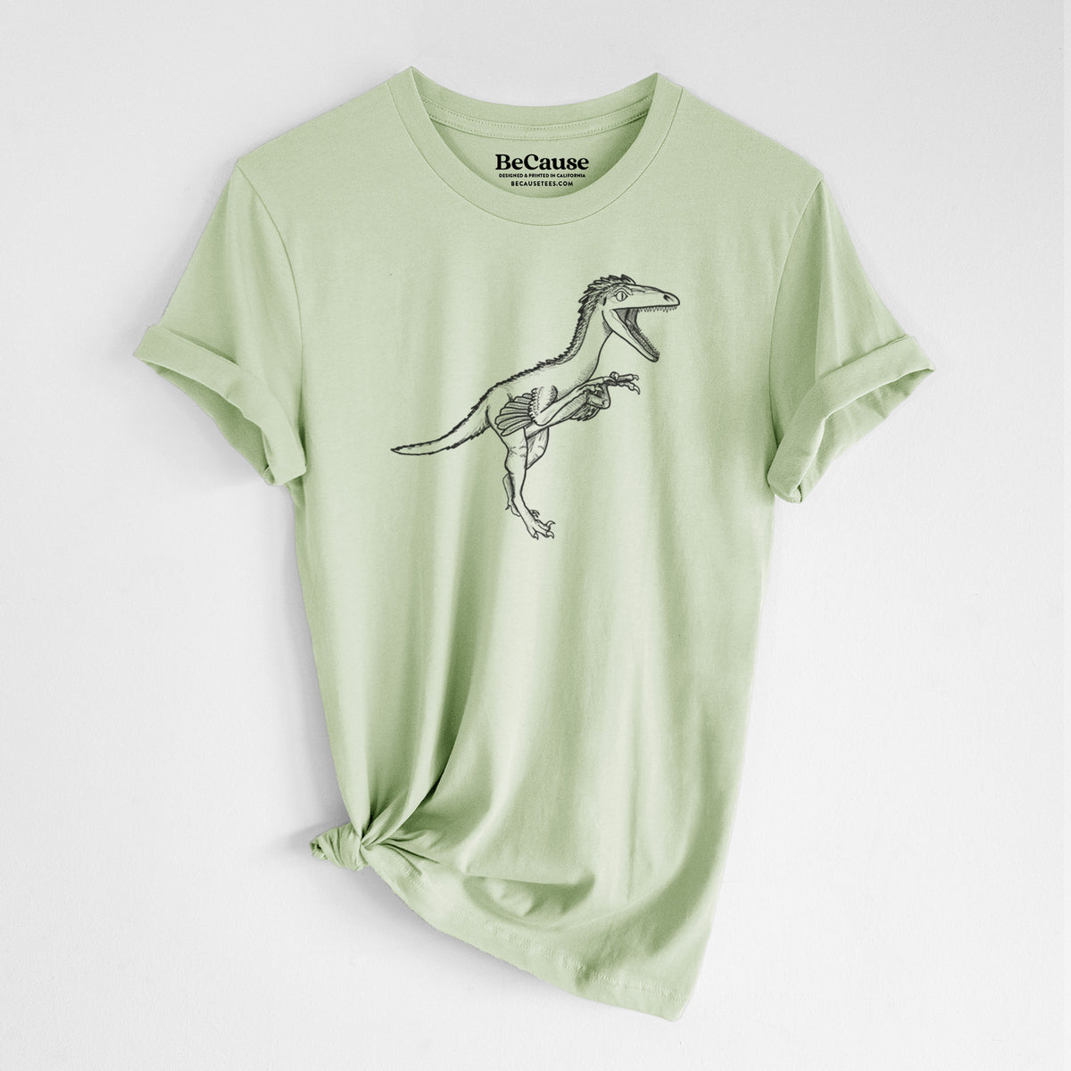 Spring green lightweight cotton t-shirt laid flat with the sleeves rolled, printed with a black ink illustration of a Troodon dinosaur running.