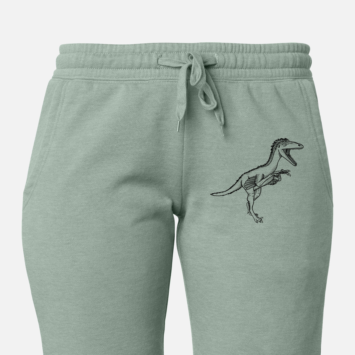 Front of sage green Cali Wave sweatpants, printed with a black ink illustration of a Troodon dinosaur running on the leg.
