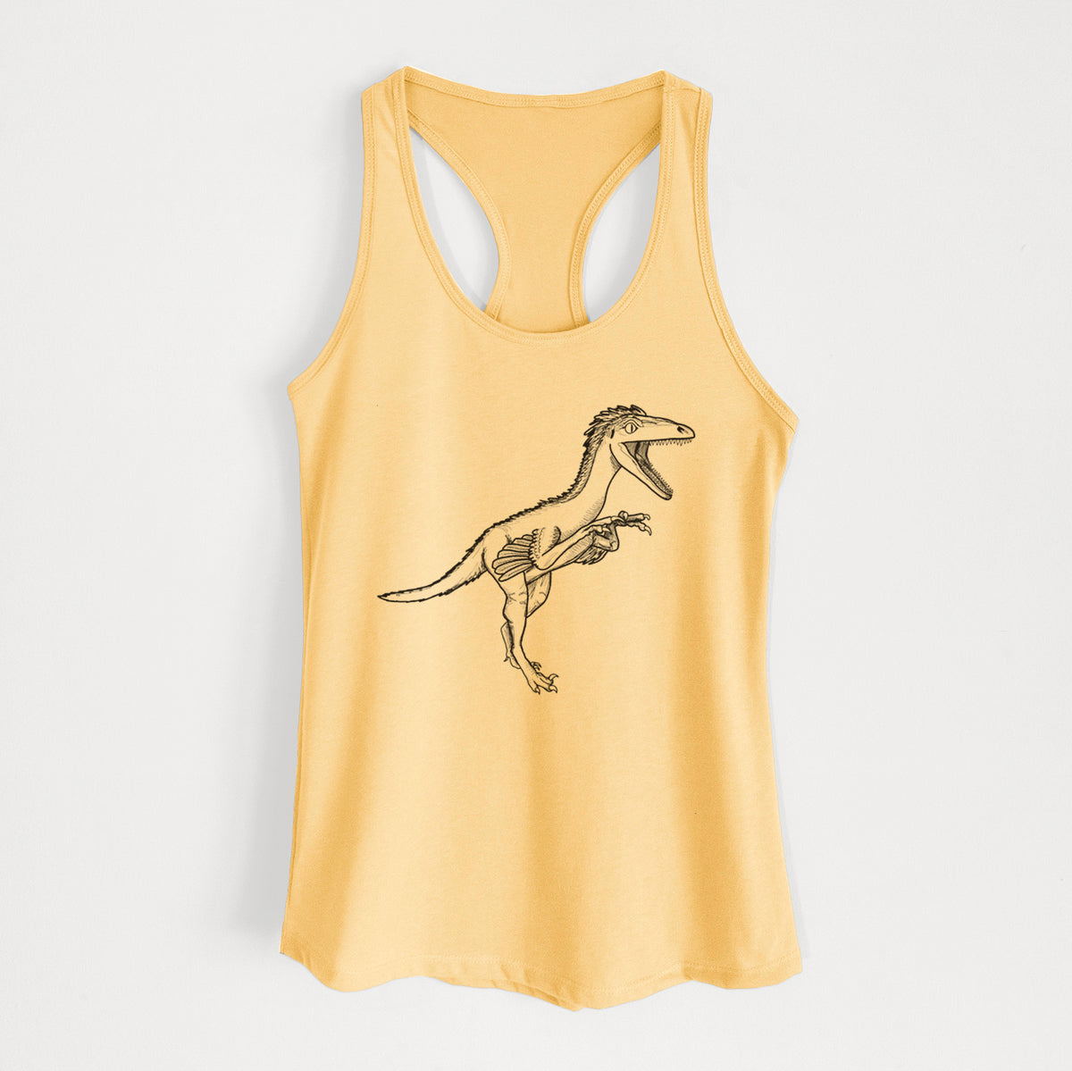 Banana cream women's racerback tank top laid flat, printed with a black ink illustration of a Troodon dinosaur running.