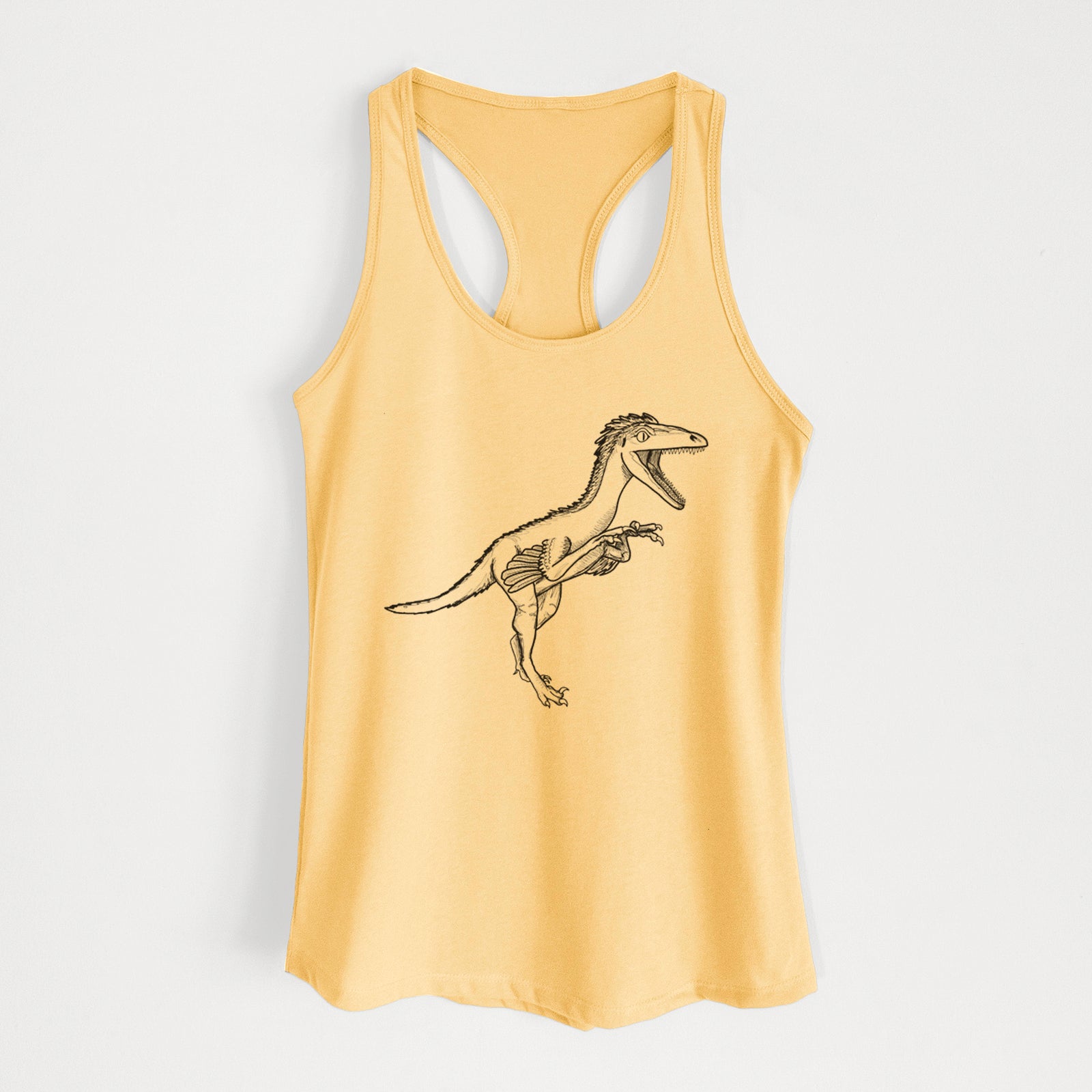 Banana cream women's racerback tank top laid flat, printed with a black ink illustration of a Troodon dinosaur running.