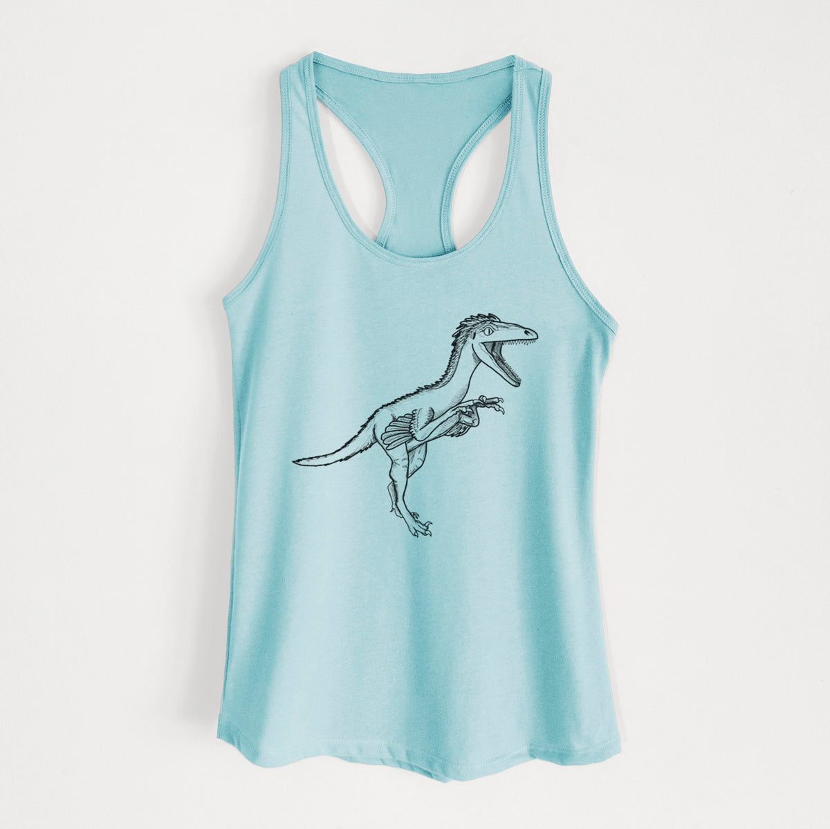 Cancun blue women's racerback tank top laid flat, printed with a black ink illustration of a Troodon dinosaur running.