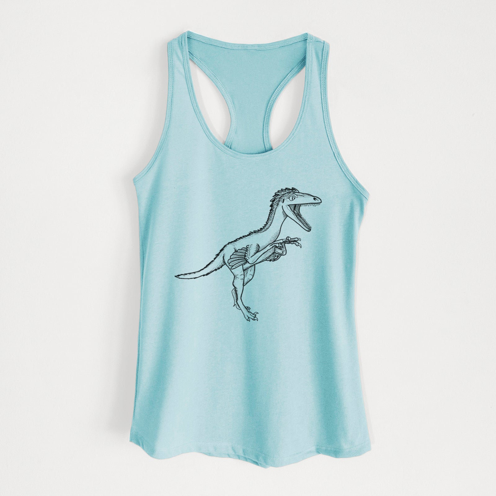 Banana cream women's racerback tank top laid flat, printed with a black ink illustration of a Troodon dinosaur running.