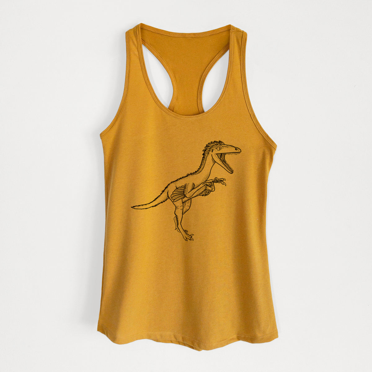Gold women's racerback tank top laid flat, printed with a black ink illustration of a Troodon dinosaur running.