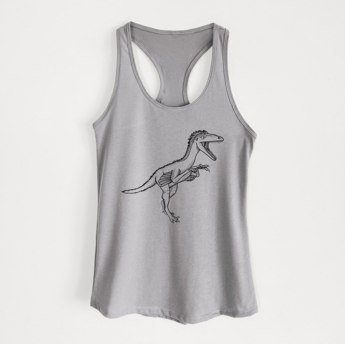 Heather grey women's racerback tank top laid flat, printed with a black ink illustration of a Troodon dinosaur running.