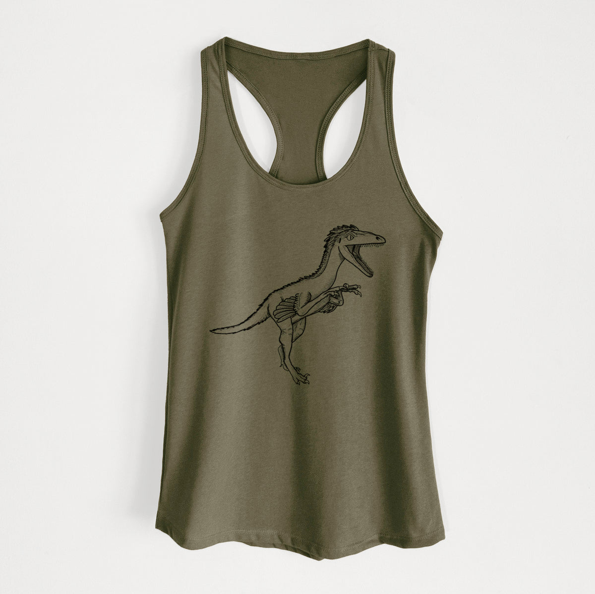 Military green women's racerback tank top laid flat, printed with a black ink illustration of a Troodon dinosaur running.
