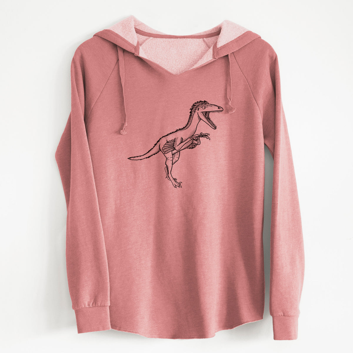 Dusty rose women's Cali Wave hooded sweatshirt laid flat, printed with a black ink illustration of a Troodon dinosaur running.