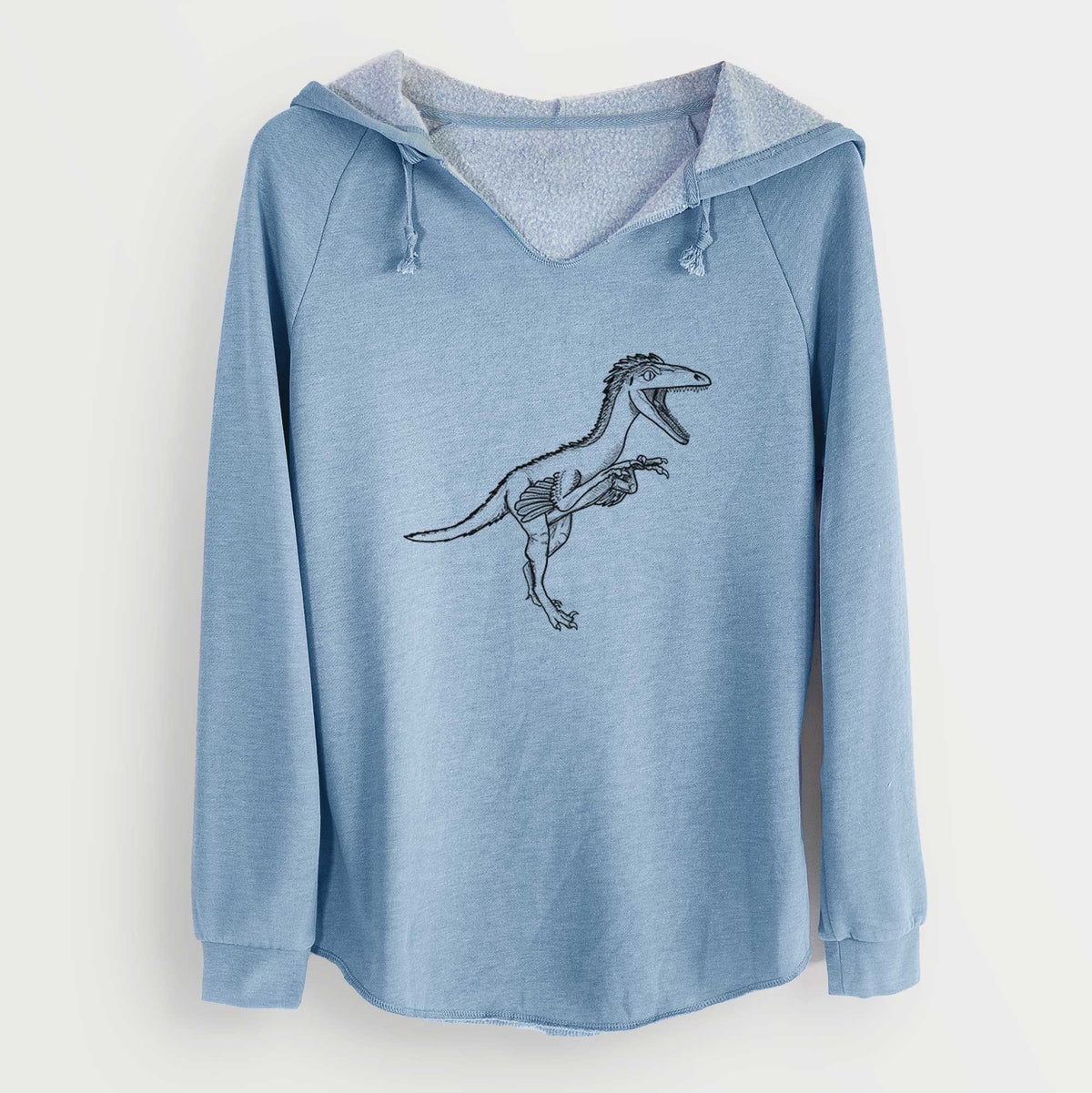 Misty blue women's Cali Wave hooded sweatshirt laid flat, printed with a black ink illustration of a Troodon dinosaur running.