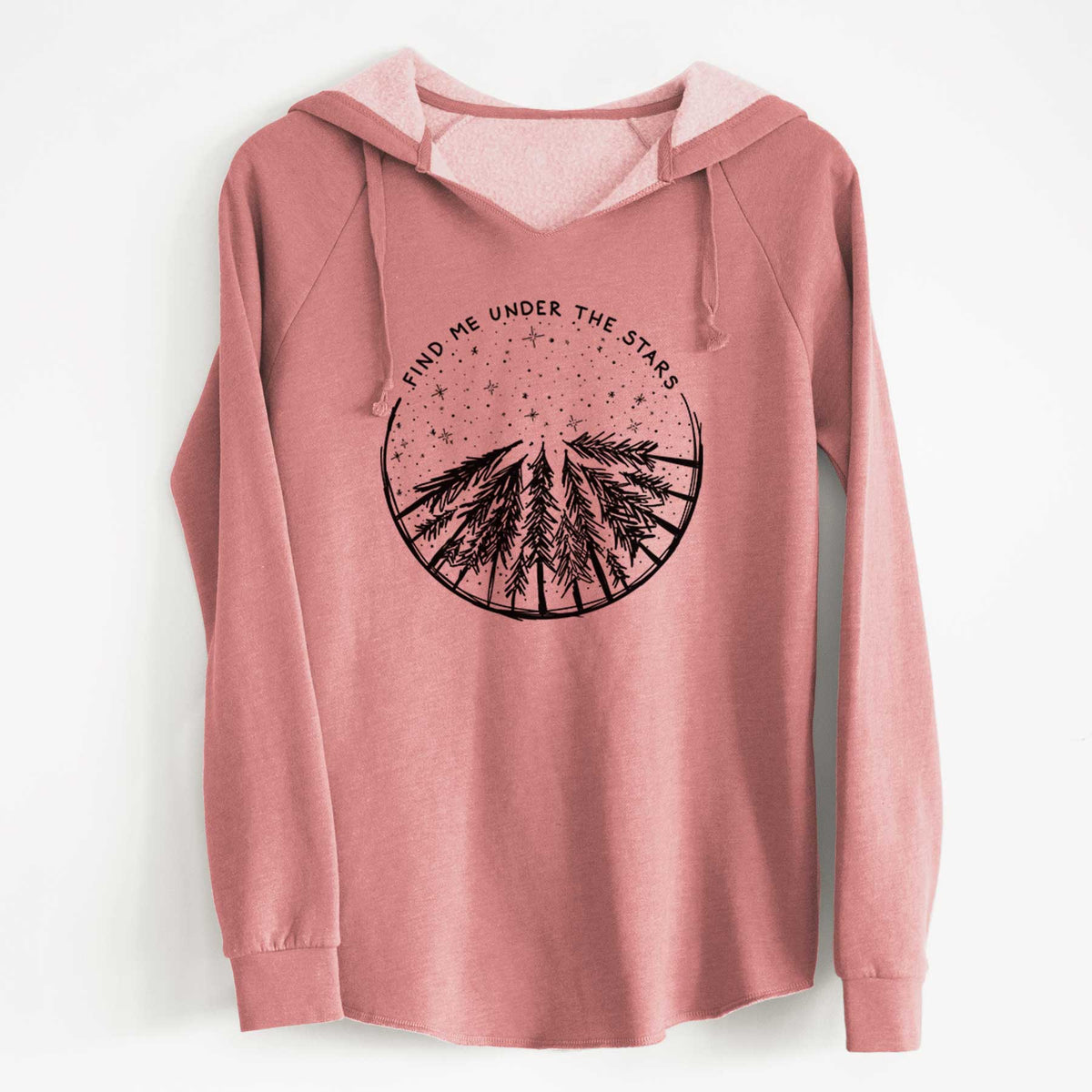 Dusty rose women's Cali Wave hooded sweatshirt laid flat, printed with a circle of pine trees under a starry sky, with the words Find Me Under the Stars.