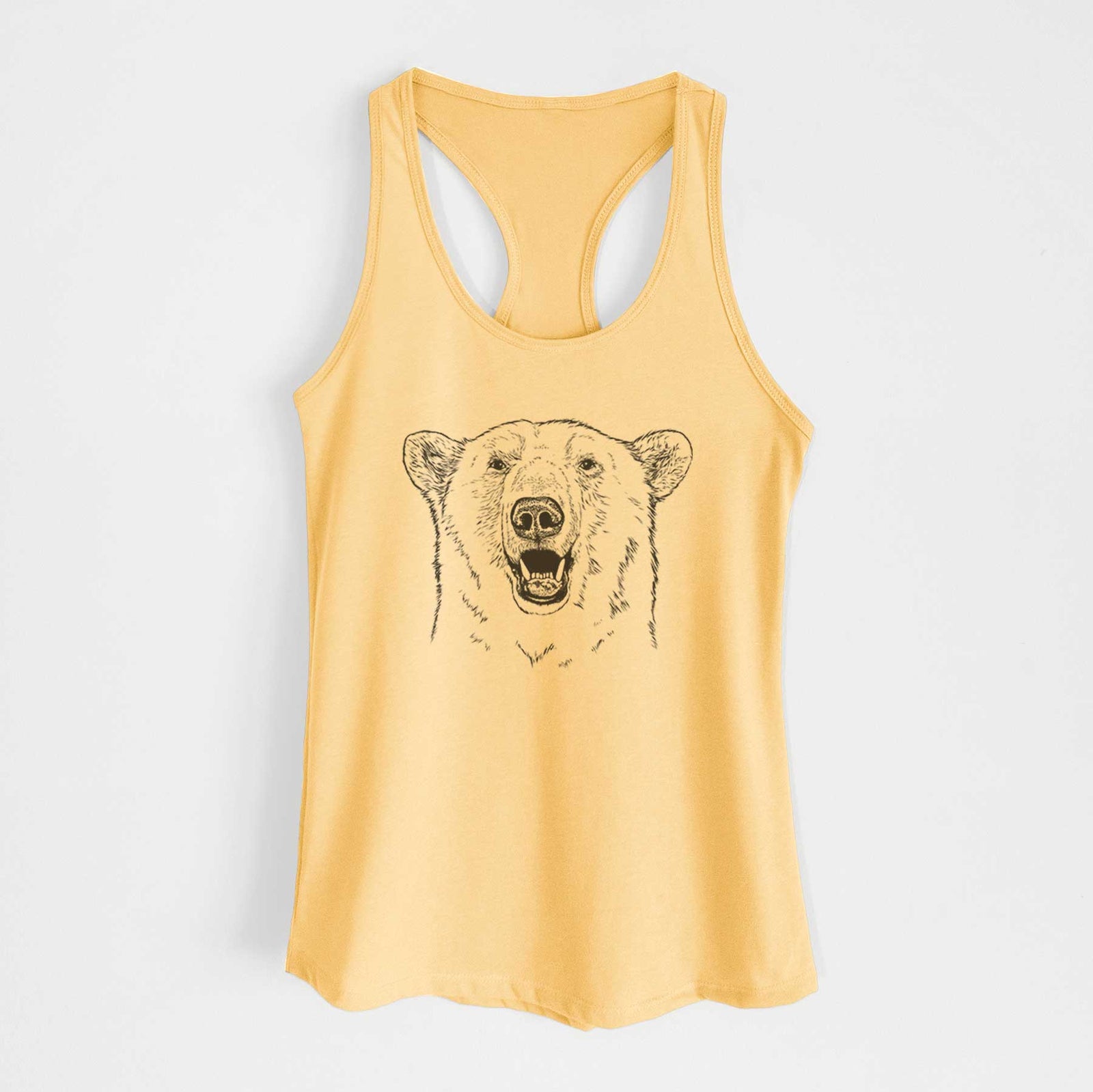 Banana cream women's racerback tank top laid flat, printed with a black ink portrait of a smiling polar bear's face.