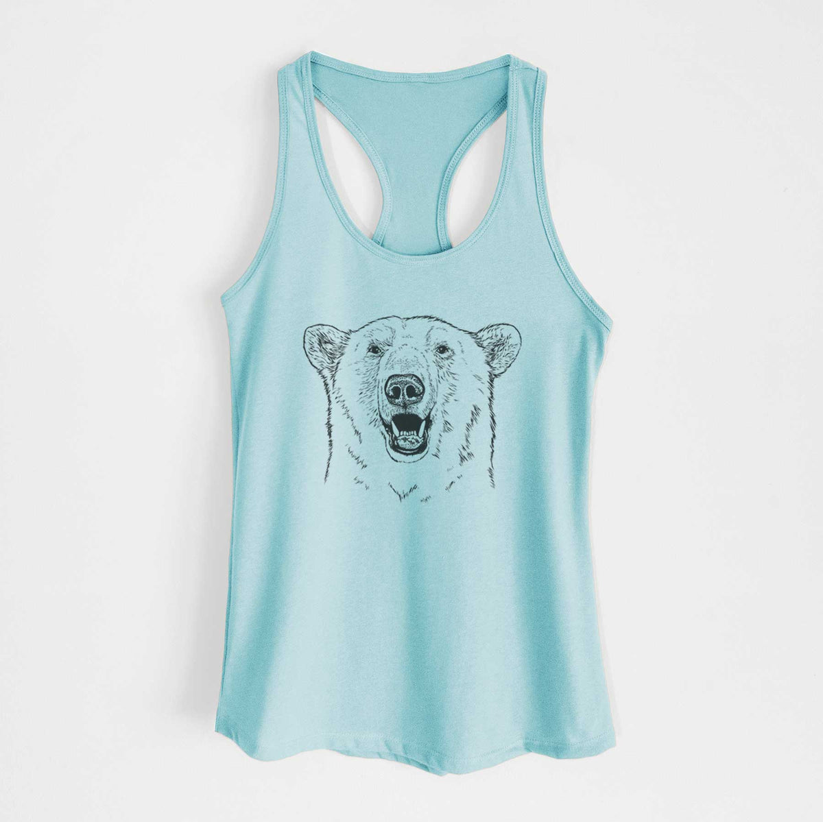 Cancun blue women's racerback tank top laid flat, printed with a black ink portrait of a smiling polar bear's face.