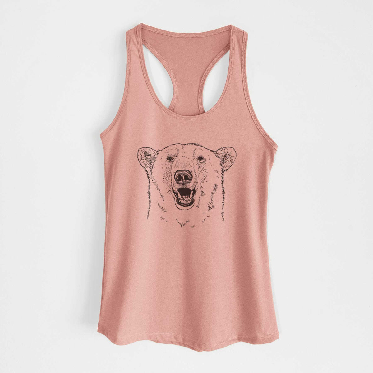Desert pink women's racerback tank top laid flat, printed with a black ink portrait of a smiling polar bear's face.