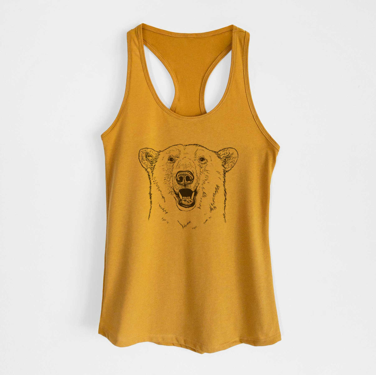 Gold women's racerback tank top laid flat, printed with a black ink portrait of a smiling polar bear's face.