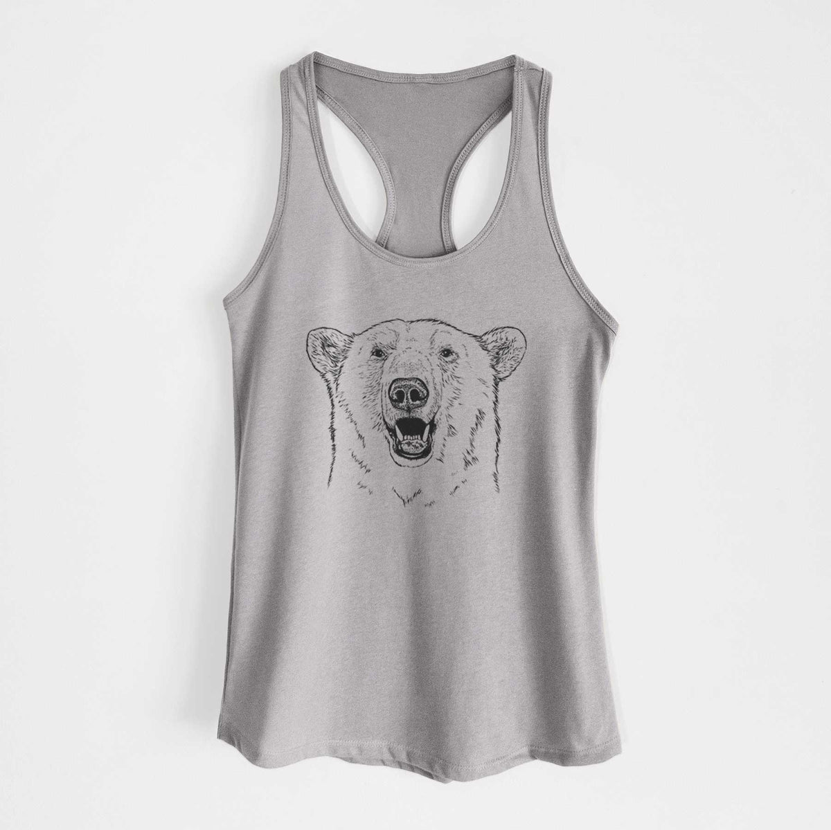 Heather grey women's racerback tank top laid flat, printed with a black ink portrait of a smiling polar bear's face.