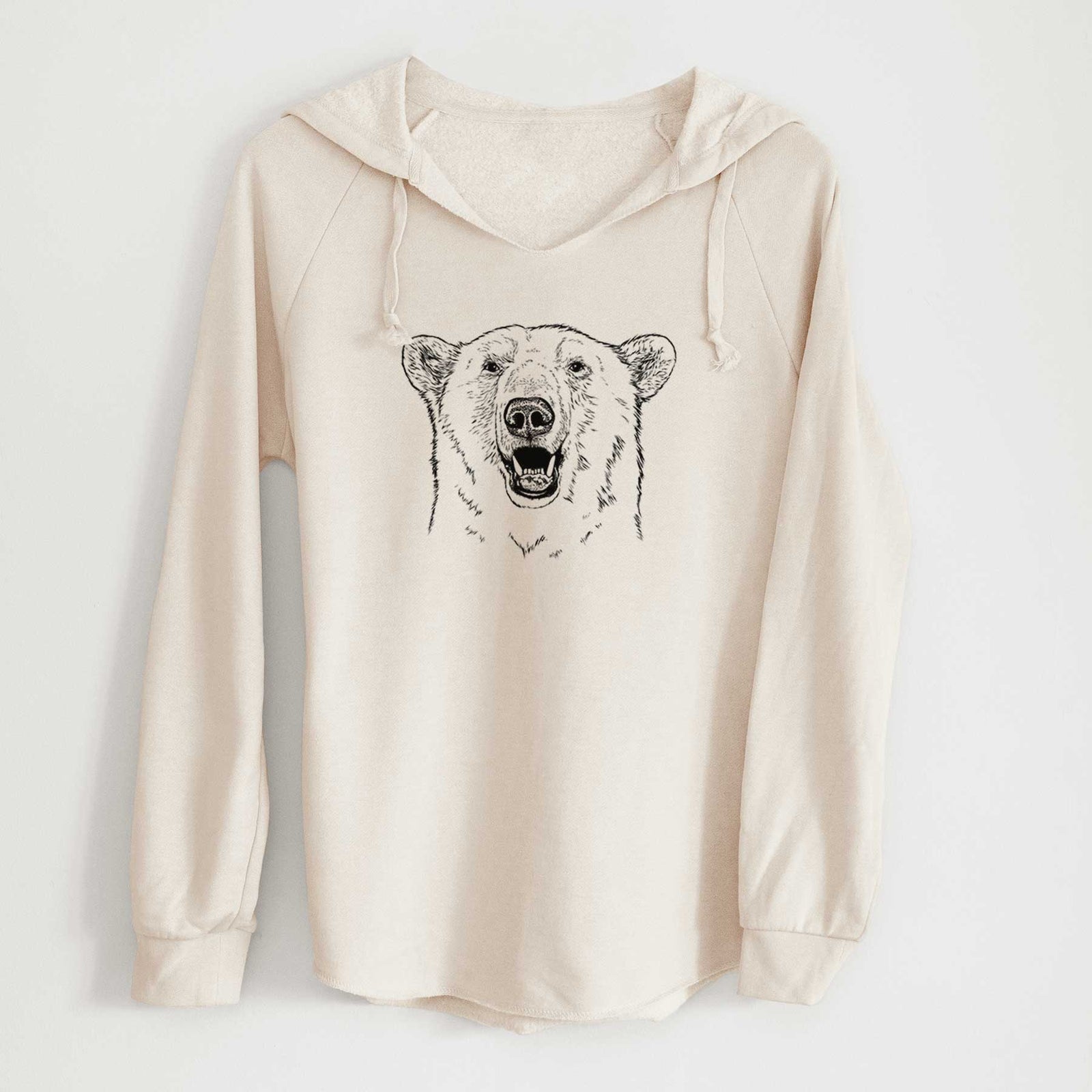 Bone cream women's Cali Wave hooded sweatshirt laid flat, printed with a black ink portrait of a smiling polar bear's face.