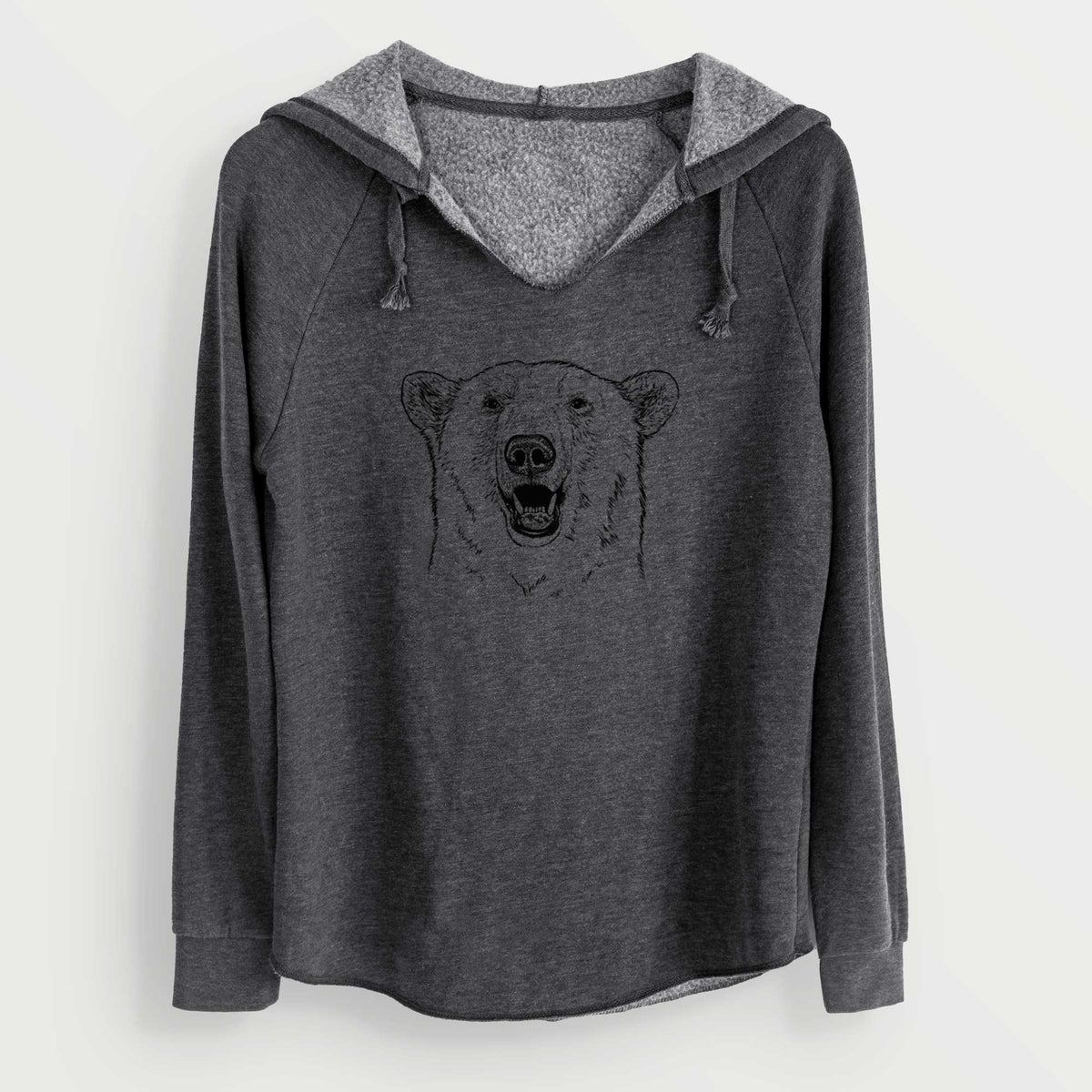 Charcoal grey women's Cali Wave hooded sweatshirt laid flat, printed with a black ink portrait of a smiling polar bear's face.
