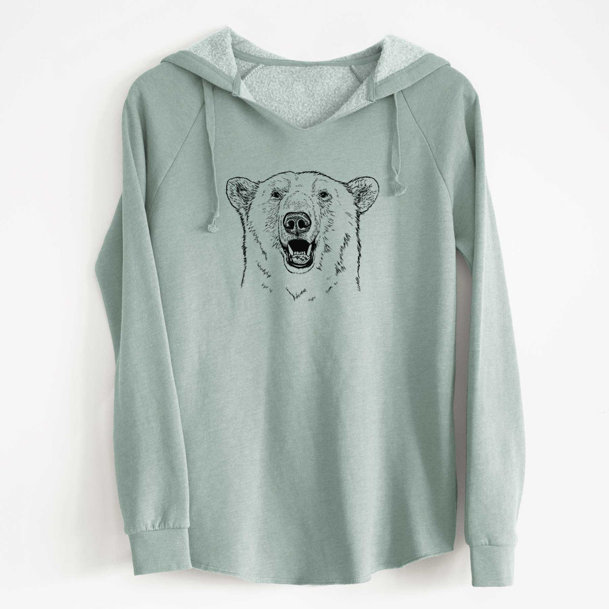 Sage green women's Cali Wave hooded sweatshirt laid flat, printed with a black ink portrait of a smiling polar bear's face.