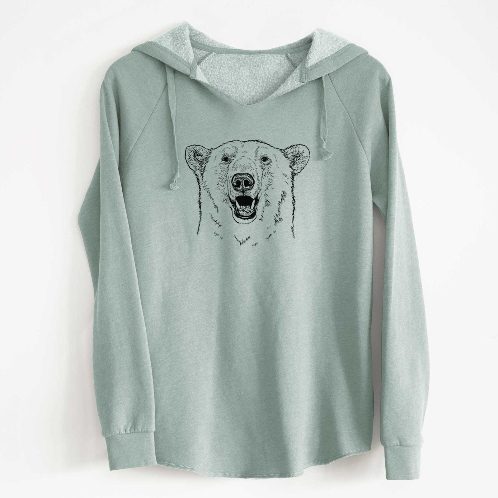 Bone cream women's Cali Wave hooded sweatshirt laid flat, printed with a black ink portrait of a smiling polar bear's face.