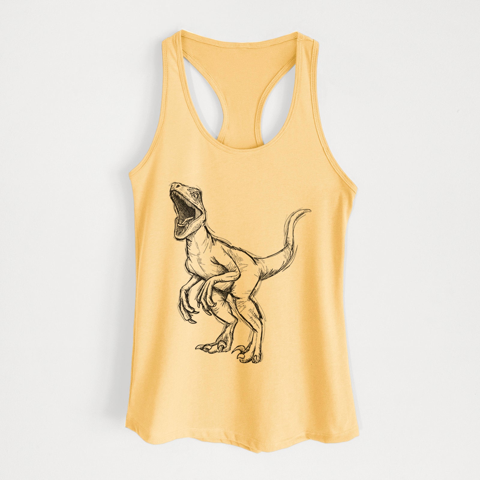 Banana cream women's racerback tank top laid flat, printed with a black ink illustration of a Velociraptor roaring.