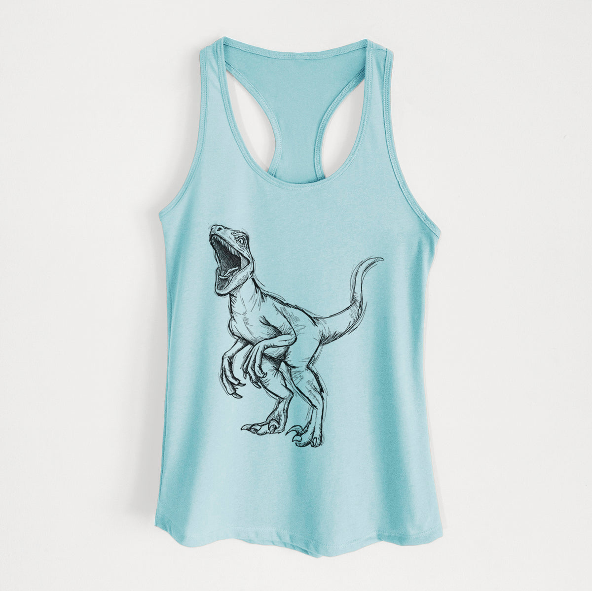 Cancun blue women's racerback tank top laid flat, printed with a black ink illustration of a Velociraptor roaring.
