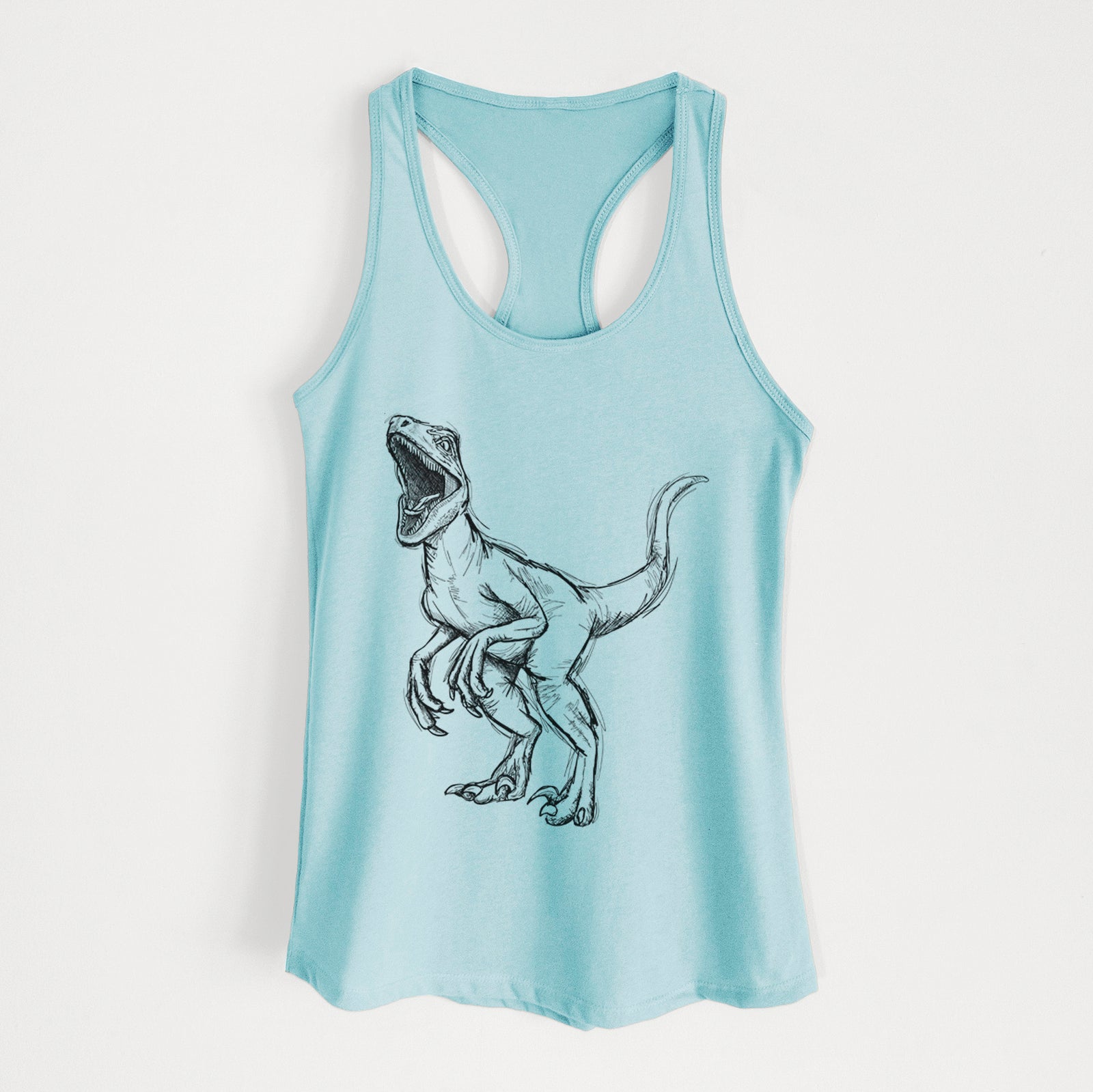 Banana cream women's racerback tank top laid flat, printed with a black ink illustration of a Velociraptor roaring.