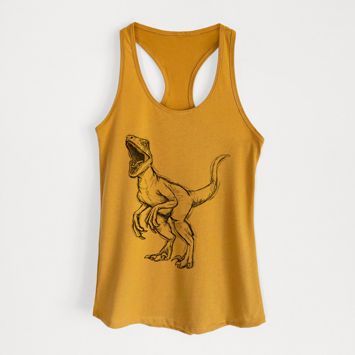 Gold women's racerback tank top laid flat, printed with a black ink illustration of a Velociraptor roaring.