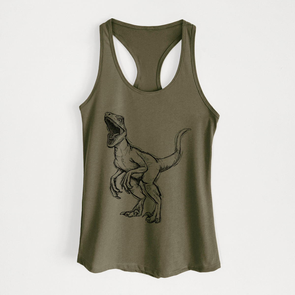 Military green women's racerback tank top laid flat, printed with a black ink illustration of a Velociraptor roaring.