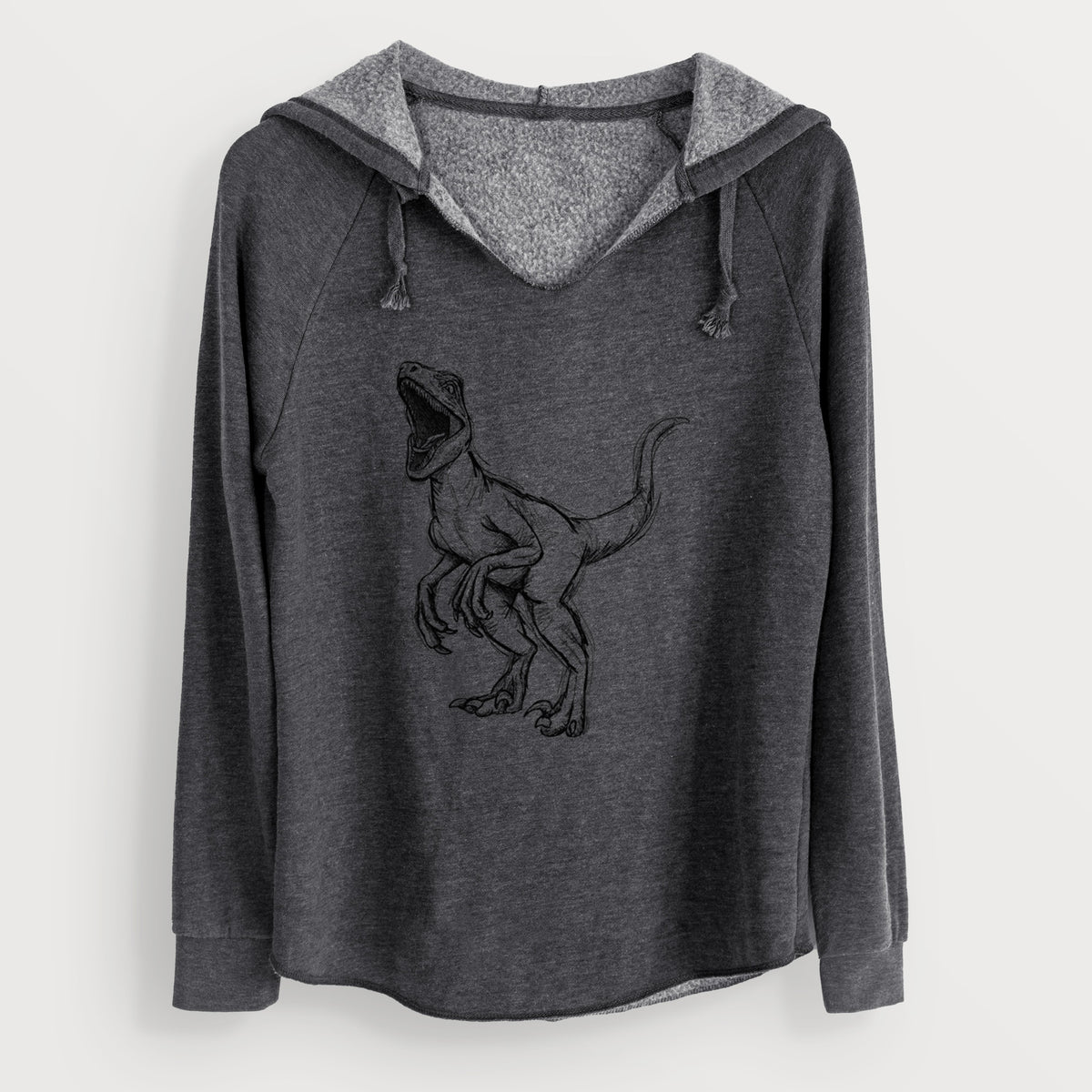 Charcoal grey women's Cali Wave hooded sweatshirt laid flat, printed with a black ink illustration of a Velociraptor roaring.