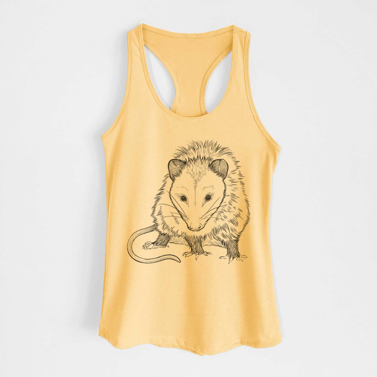 Banana cream women's racerback tank top laid flat, printed with a detailed black ink illustration of a Virginia opossum standing with its long tail curled.